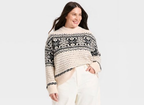 Women's Long Sleeve Cozy Alpine Snowflake Crewneck Pullover Sweater - Universal Thread™ Cream