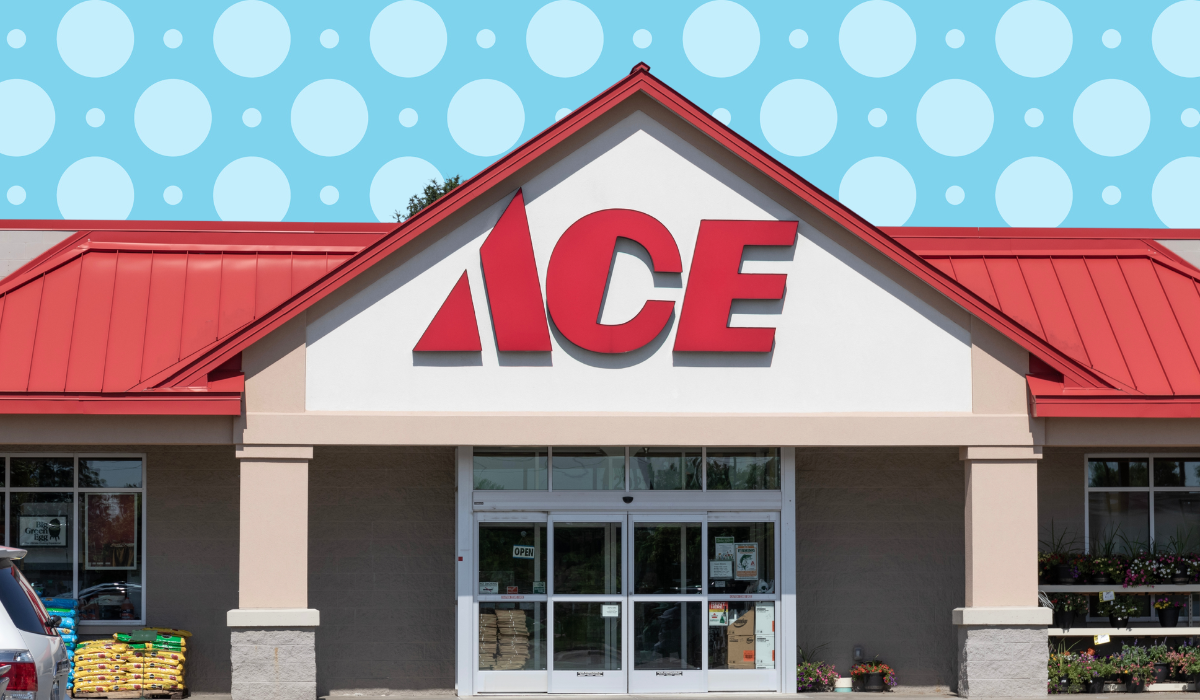 Ace Hardware store with a light blue polka dot background
