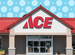Ace Hardware store with a light blue polka dot background