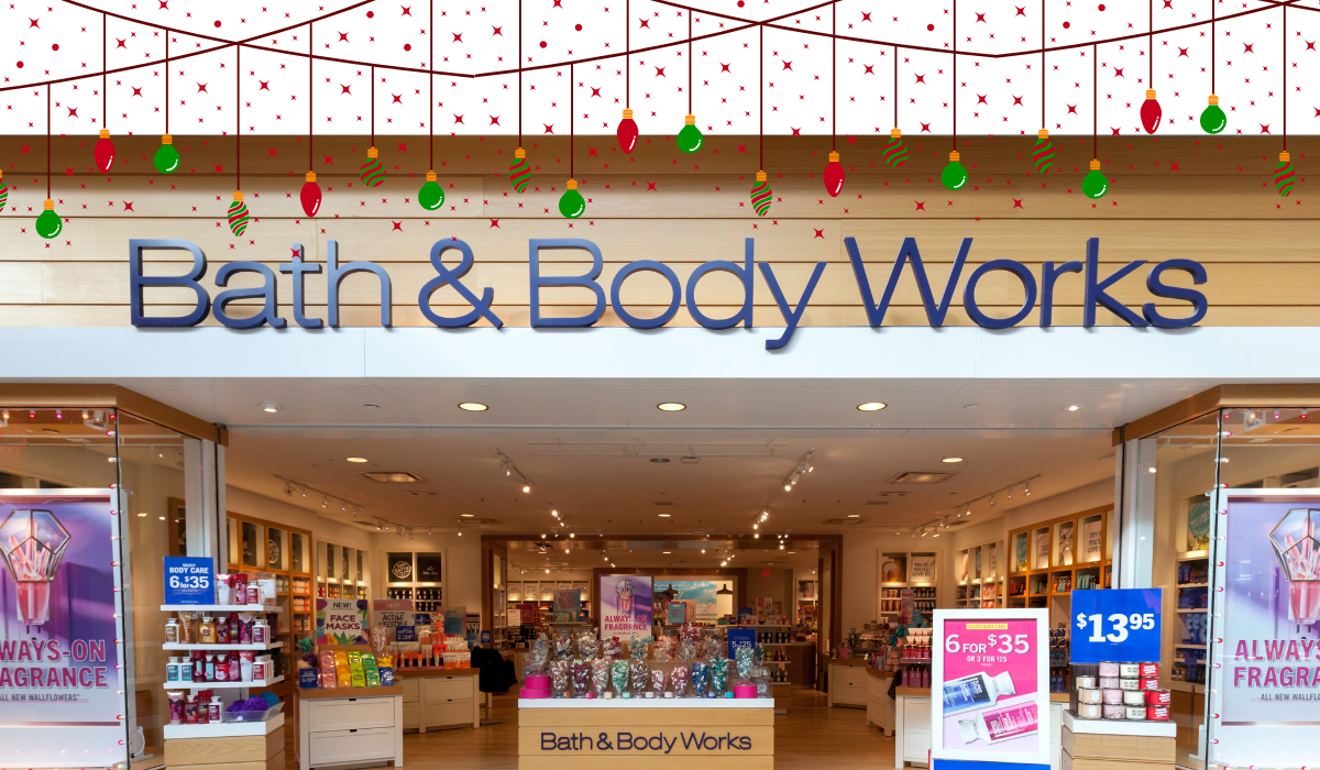Bath & Body Works store with Christmas lights