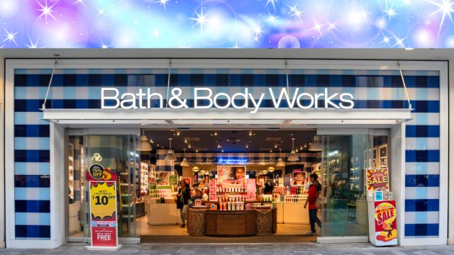 Bath & Body Works store with a purple and blue background