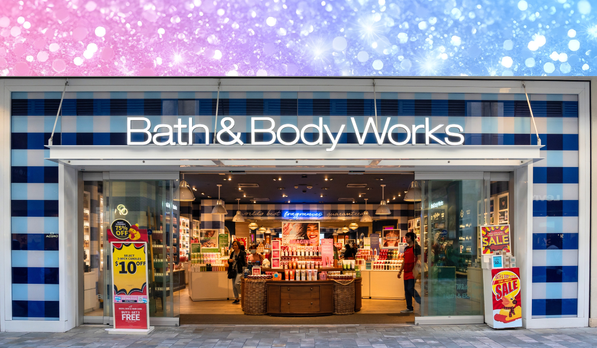 Bath & Body Works store with a pink and blue sparkly background