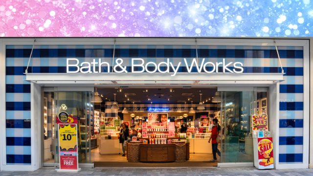 Bath & Body Works store with a pink and blue sparkly background