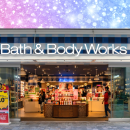 Bath & Body Works store with a pink and blue sparkly background