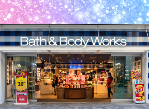 Bath & Body Works store with a pink and blue sparkly background