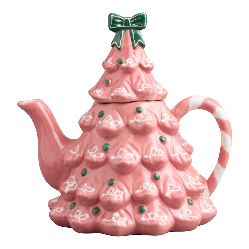 Pink and Green Ceramic Christmas Tree Figural Teapot