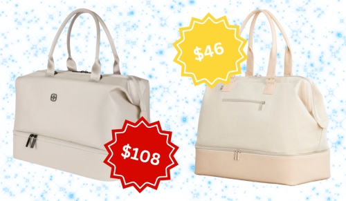 beige Beis weekender bag and Costco dupe