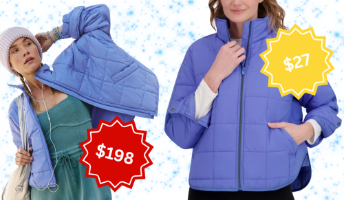 periwinkle Free People puffer jacket and Costco dupe