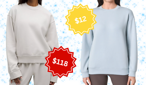 beige Lululemon sweatshirt and light blue Costco dupe