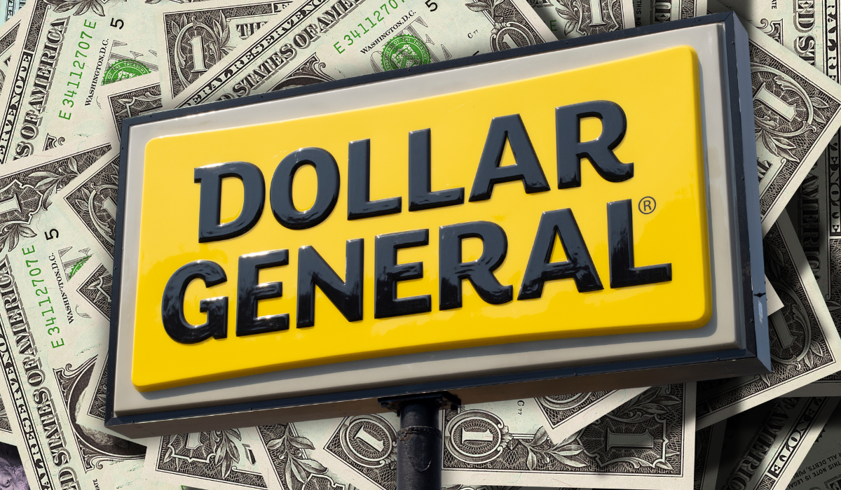 Dollar General sign with dollar bills in the background