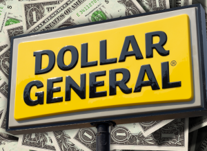 Dollar General sign with dollar bills in the background