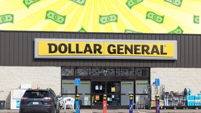 Dollar General store with a yellow background and dollar bills