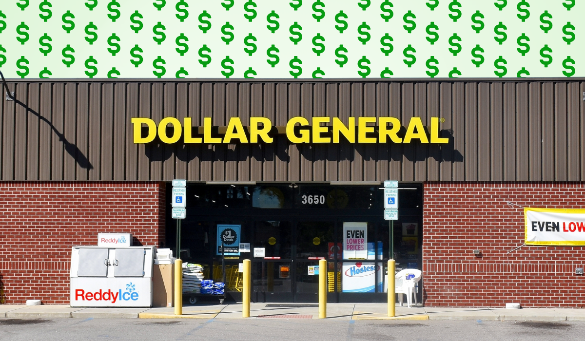 Dollar General store with green dollar signs background