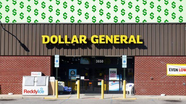Dollar General store with green dollar signs background