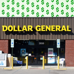 Dollar General store with green dollar signs background