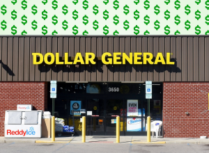 Dollar General store with green dollar signs background