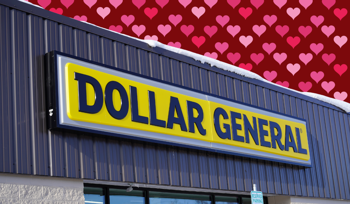 Dollar General store with a Valentine's hearts background
