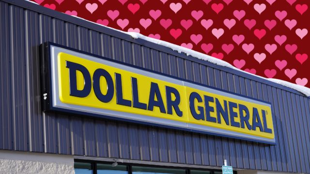 Dollar General store with a Valentine's hearts background