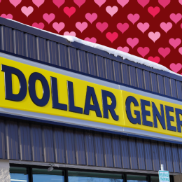 Dollar General store with a Valentine's hearts background
