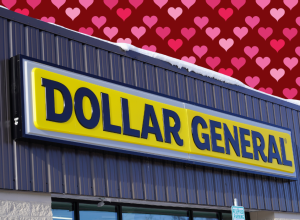 Dollar General store with a Valentine's hearts background