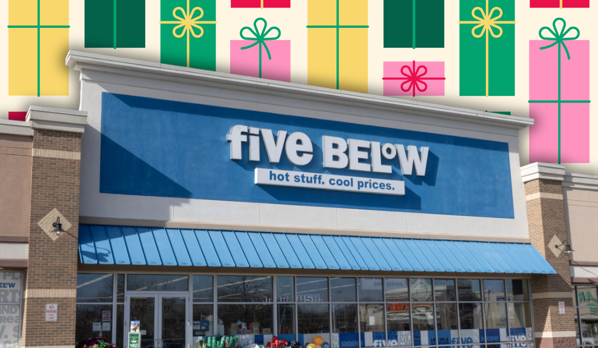 Five Below store with a colorful background of presents