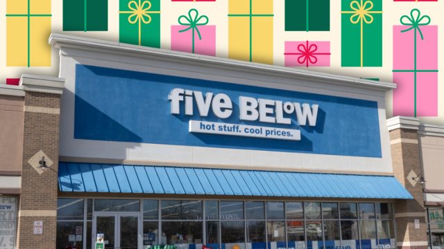 Five Below store with a colorful background of presents