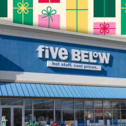 Five Below store with a colorful background of presents