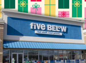 Five Below store with a colorful background of presents