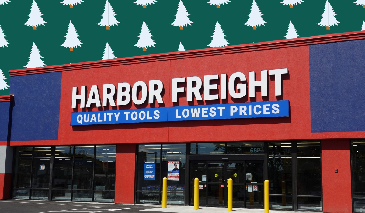 Harbor Freight store with a Christmas tree background