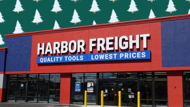 Harbor Freight store with a Christmas tree background