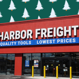Harbor Freight store with a Christmas tree background