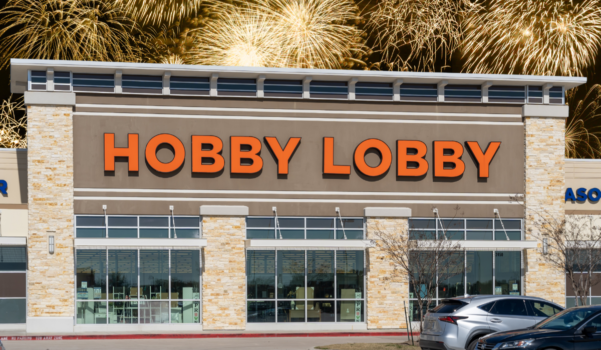 Hobby Lobby store with a fireworks background