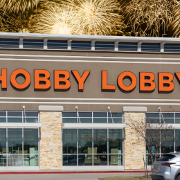 Hobby Lobby store with a fireworks background