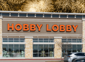 Hobby Lobby store with a fireworks background