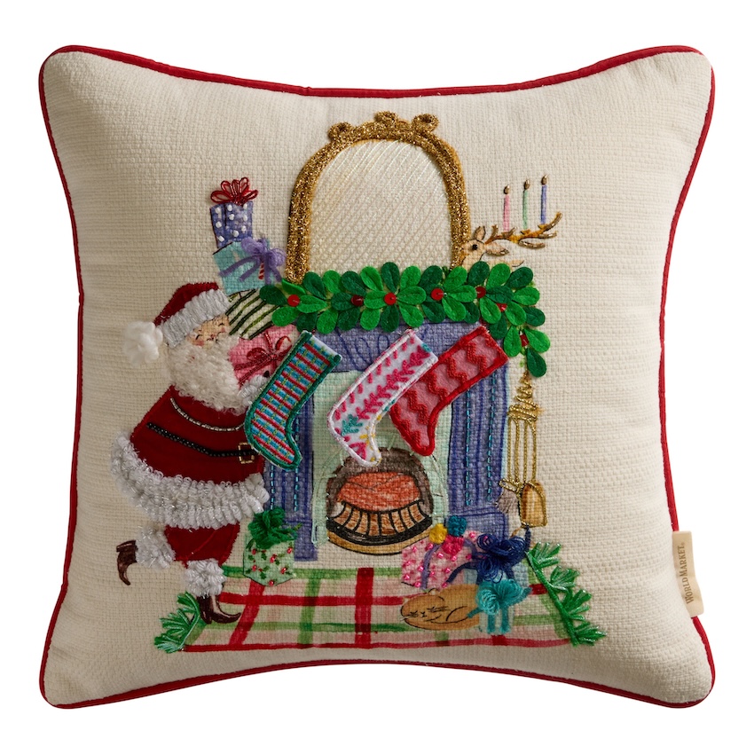 Santa Fireplace Scene Embroidered Beaded Throw Pillow