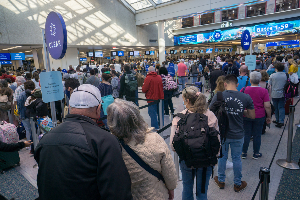 A busy security line at an airport