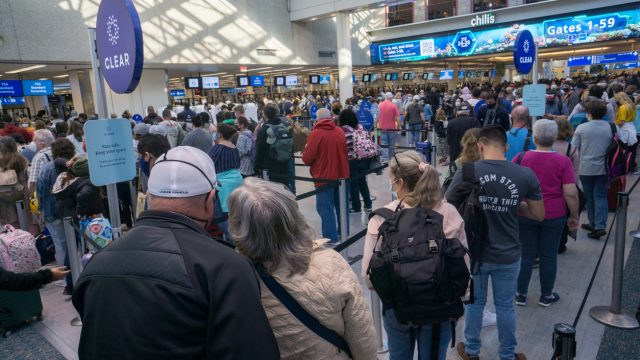 A busy security line at an airport