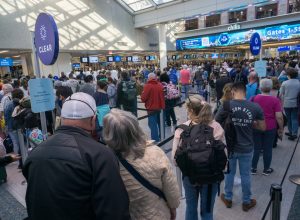 A busy security line at an airport