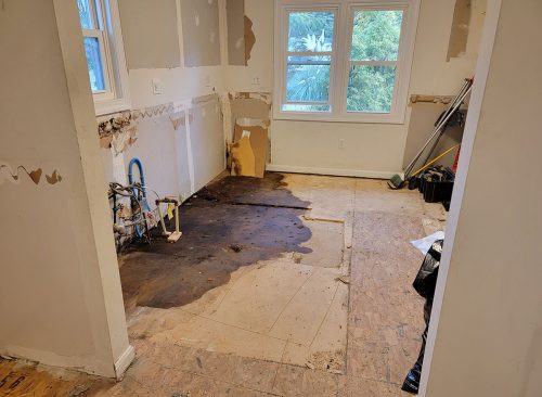 leak on kitchen floor found during construction