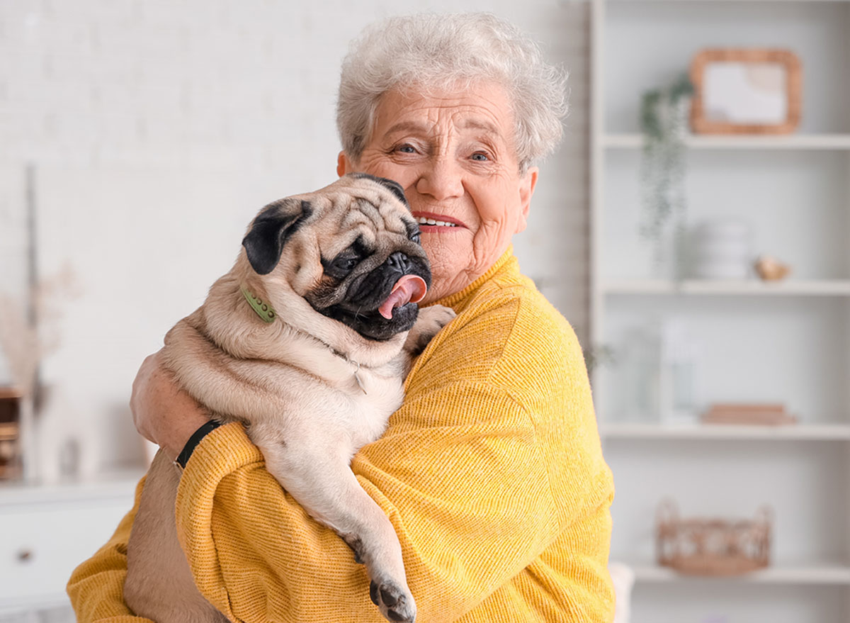 Senior woman with pug dog at home