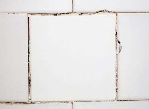 Cracked white ceramic tiles , obsolete bathroom wall, close up