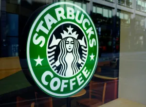 A Starbucks sign in a window