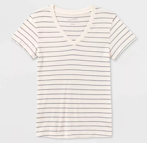 cream and black striped women's v-neck t-shirt
