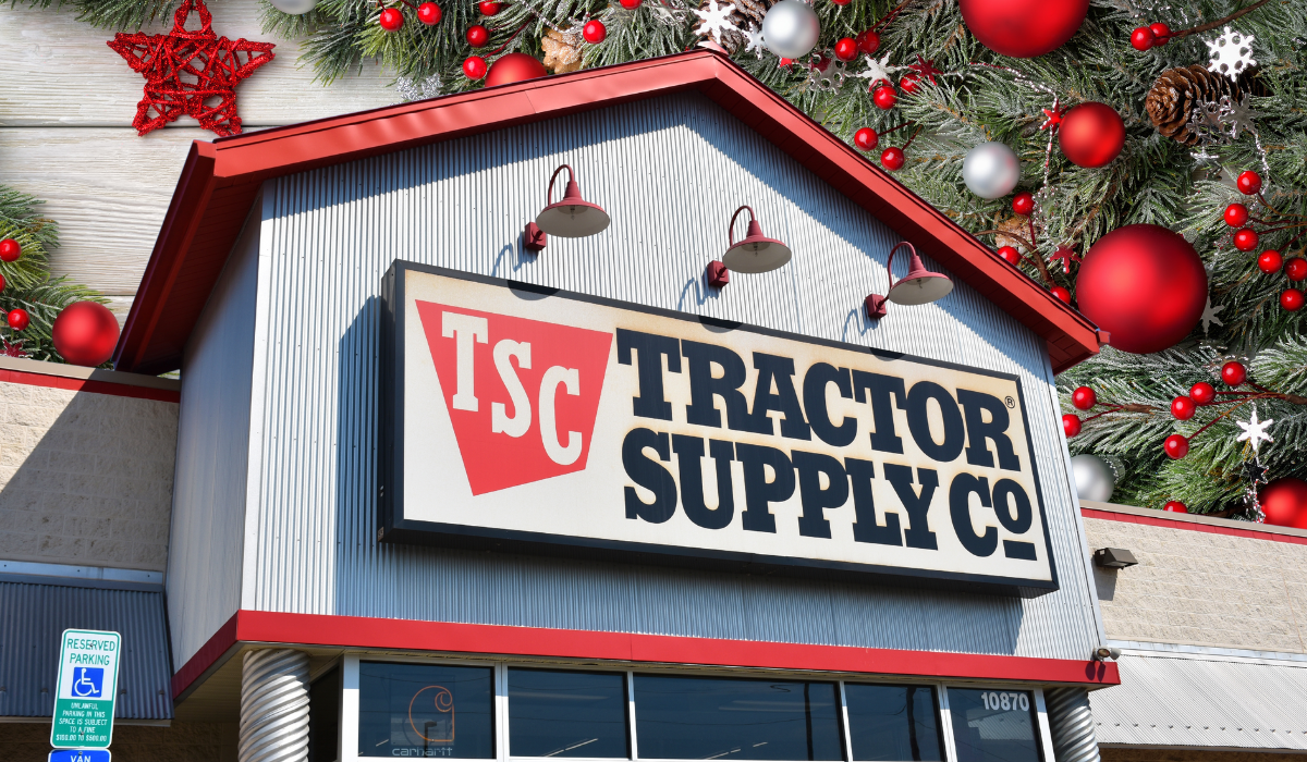Tractor Supply store with a Christmas background