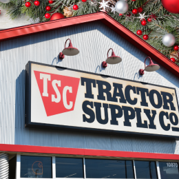 Tractor Supply store with a Christmas background