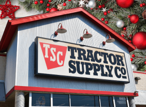 Tractor Supply store with a Christmas background