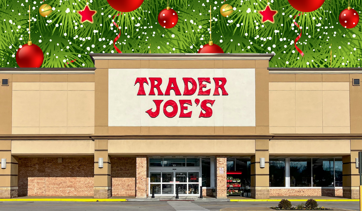 Trader Joe's store with a Christmas background