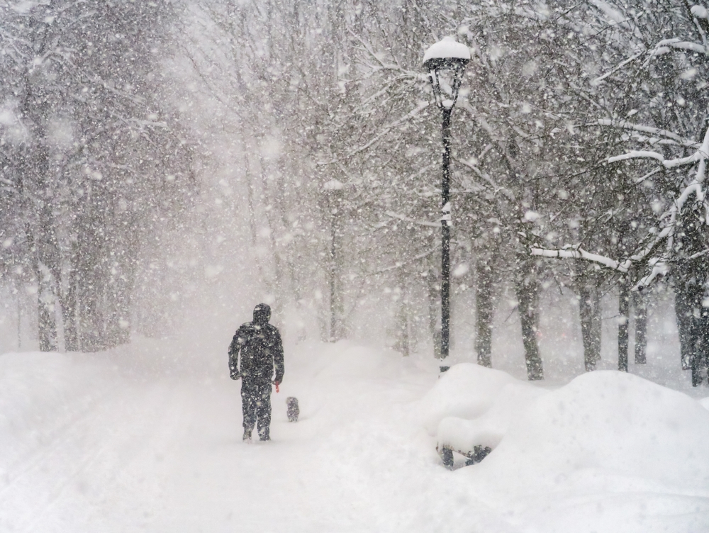 A man standing in a Christmas winter storm
