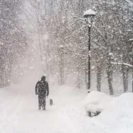 A man standing in a Christmas winter storm