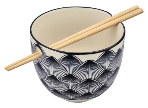 Crofton Ceramic Noodle Bowl with Chopsticks, Gray & Black